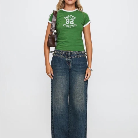 NEW Princess Polly Blue Wide-Leg Belted Jeans - Picture 1 of 5